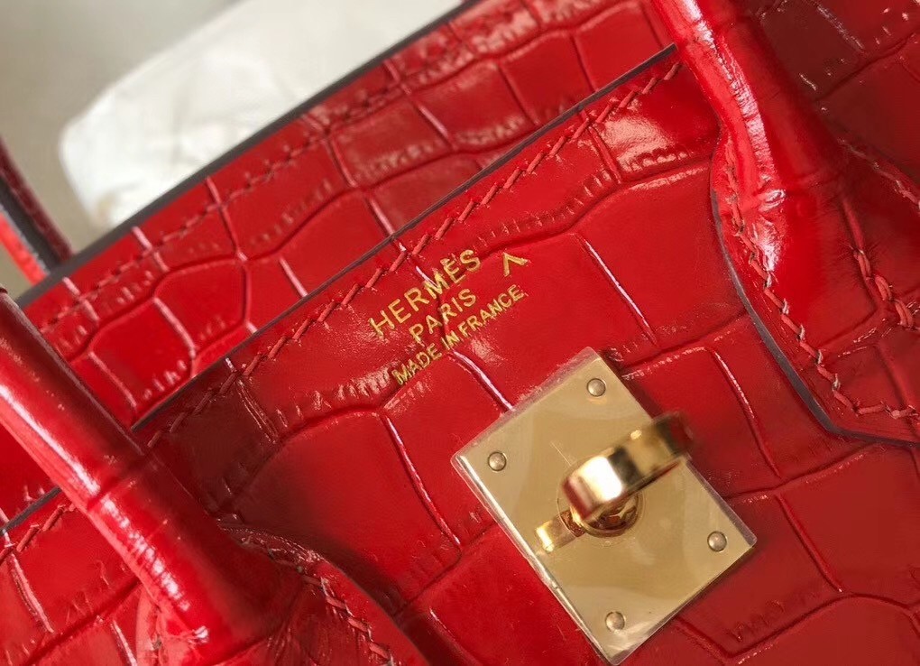 Hermes Birkin 25cm Bag In Red Embossed Crocodile Leather