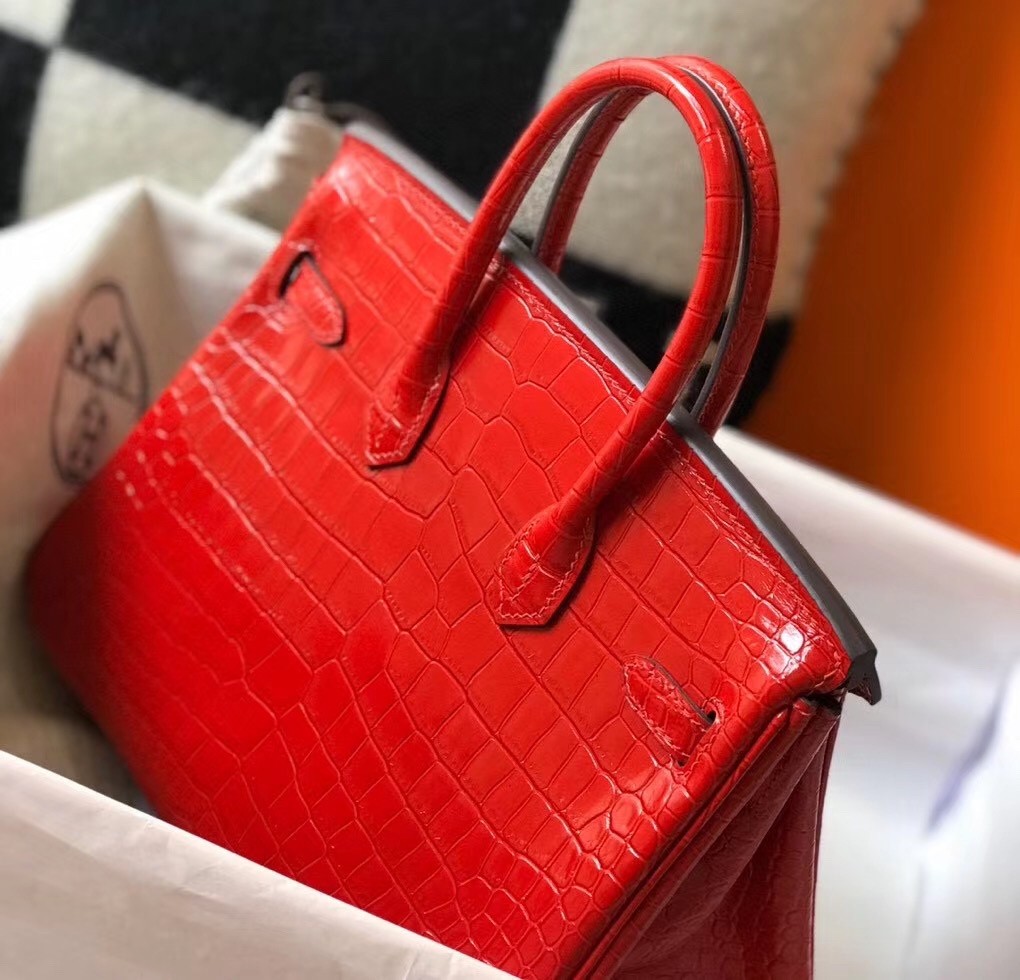 Hermes Birkin 25cm Bag In Red Embossed Crocodile Leather