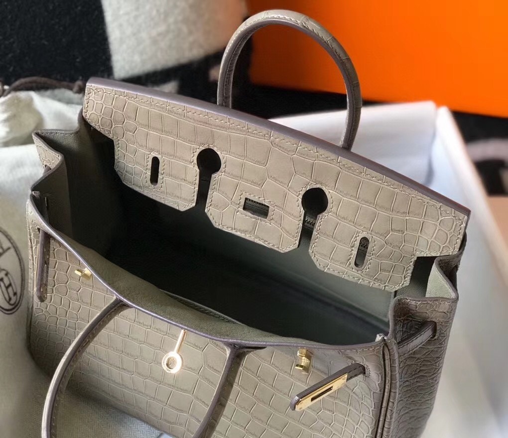 Hermes Birkin 25cm Bag In Taupe Embossed Crocodile Leather