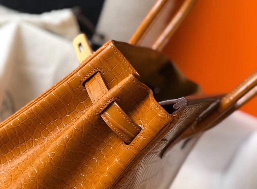 Hermes Birkin 30cm Bag In Gold Embossed Crocodile Leather