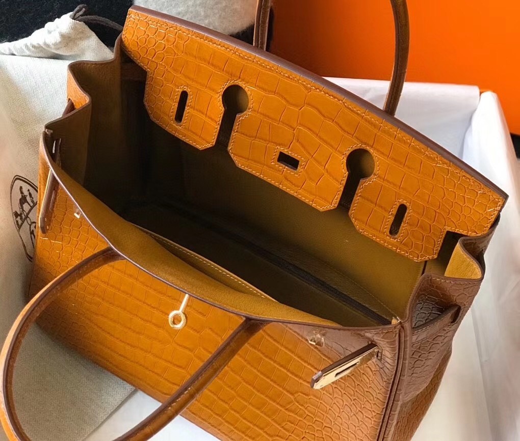 Hermes Birkin 30cm Bag In Gold Embossed Crocodile Leather