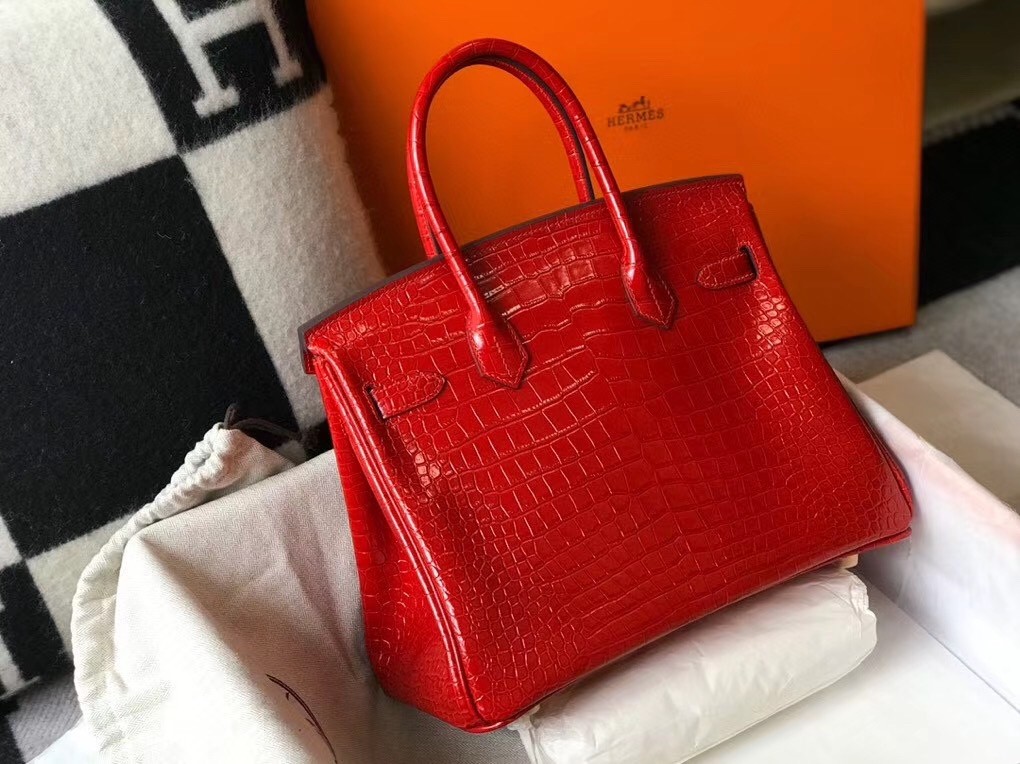 Hermes Birkin 30cm Bag In Red Embossed Crocodile Leather