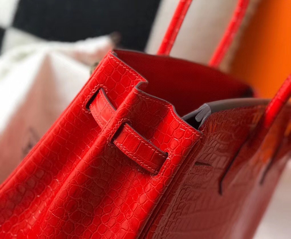 Hermes Birkin 30cm Bag In Red Embossed Crocodile Leather