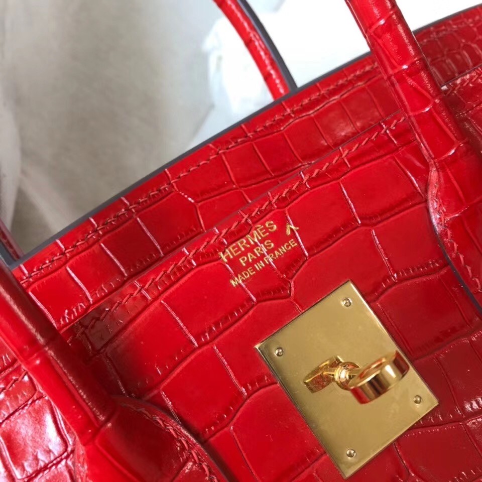 Hermes Birkin 30cm Bag In Red Embossed Crocodile Leather