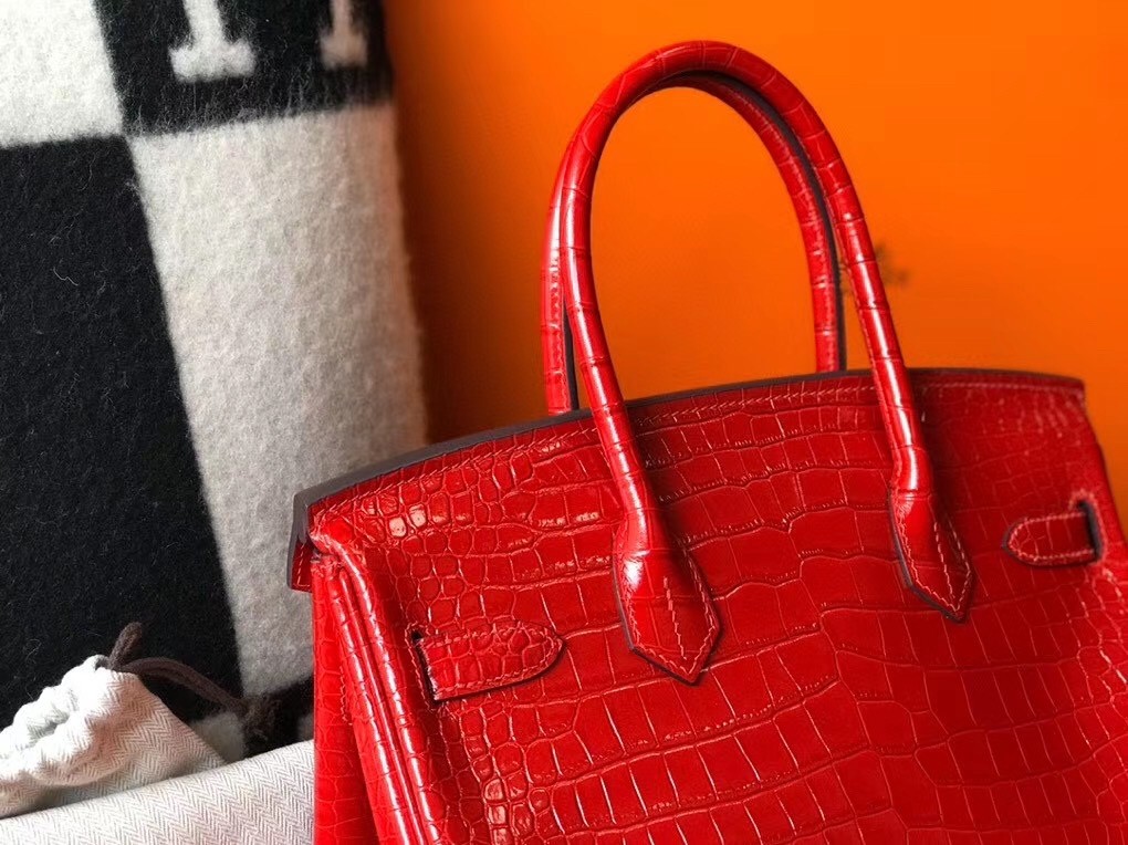 Hermes Birkin 30cm Bag In Red Embossed Crocodile Leather