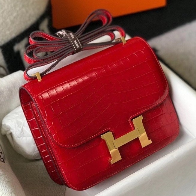 Hermes Constance 18cm Bag In Red Embossed Crocodile