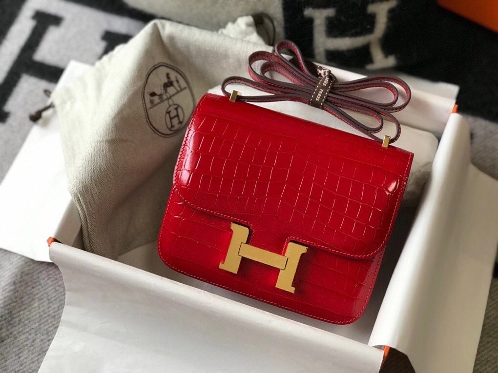 Hermes Constance 18cm Bag In Red Embossed Crocodile