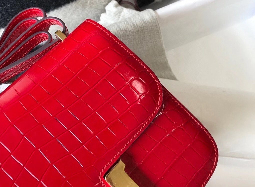 Hermes Constance 18cm Bag In Red Embossed Crocodile