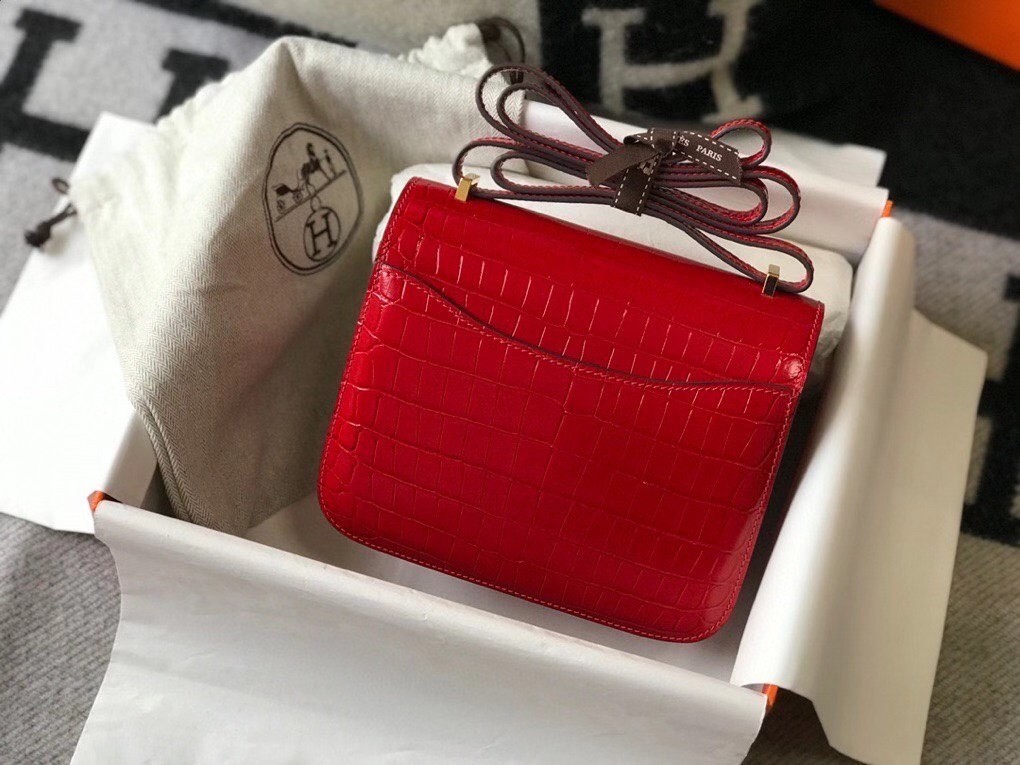 Hermes Constance 18cm Bag In Red Embossed Crocodile