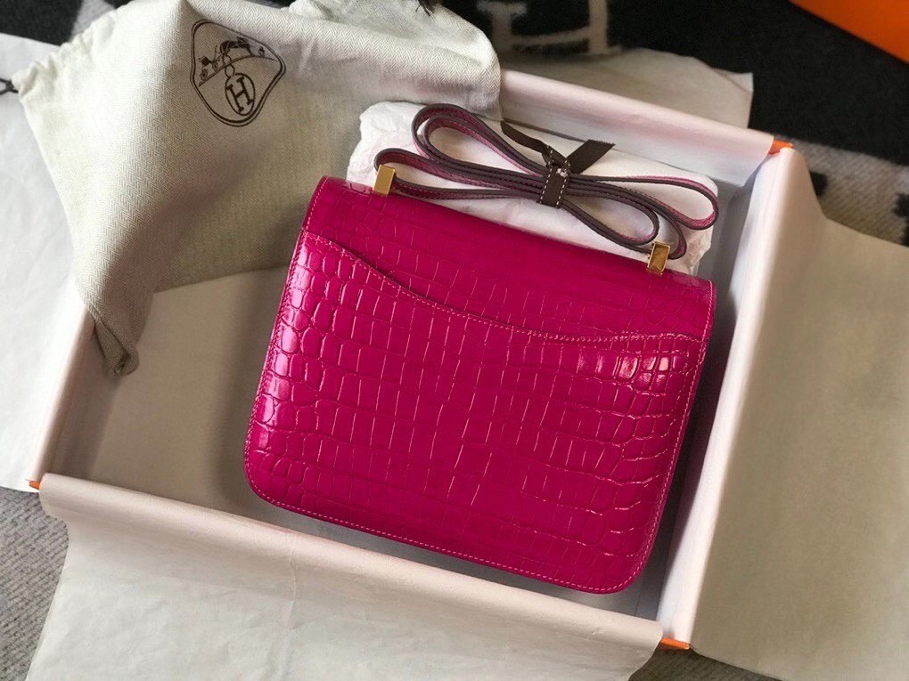 Hermes Constance 24cm Bag In Rose Red Embossed Crocodile