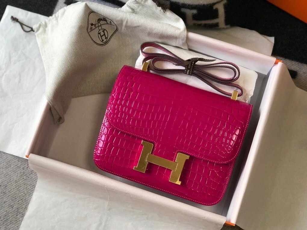 Hermes Constance 24cm Bag In Rose Red Embossed Crocodile