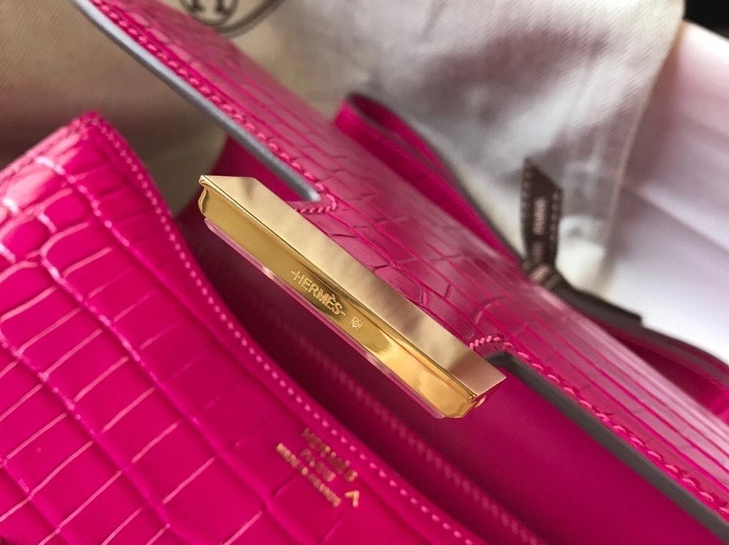 Hermes Constance 24cm Bag In Rose Red Embossed Crocodile