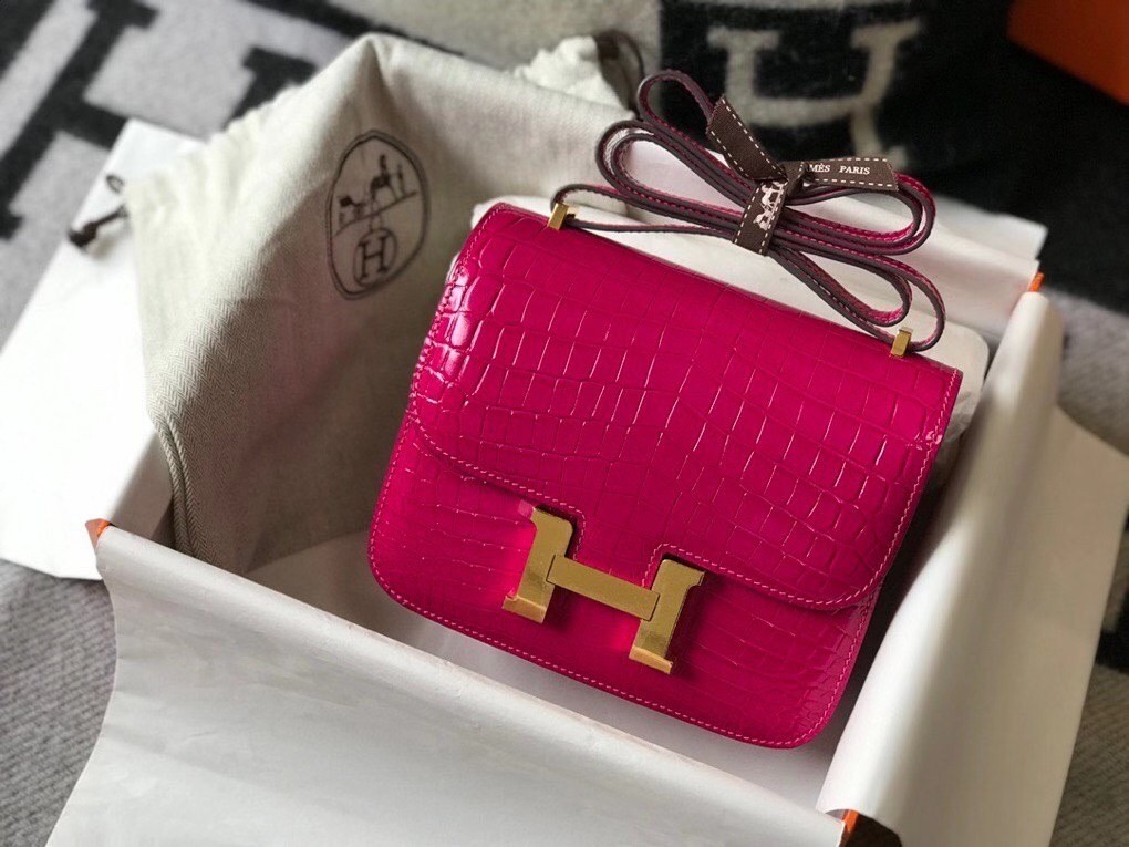 Hermes Constance 18cm Bag In Rose Red Embossed Crocodile