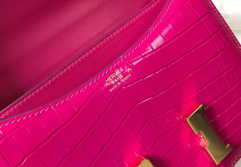 Hermes Constance 18cm Bag In Rose Red Embossed Crocodile