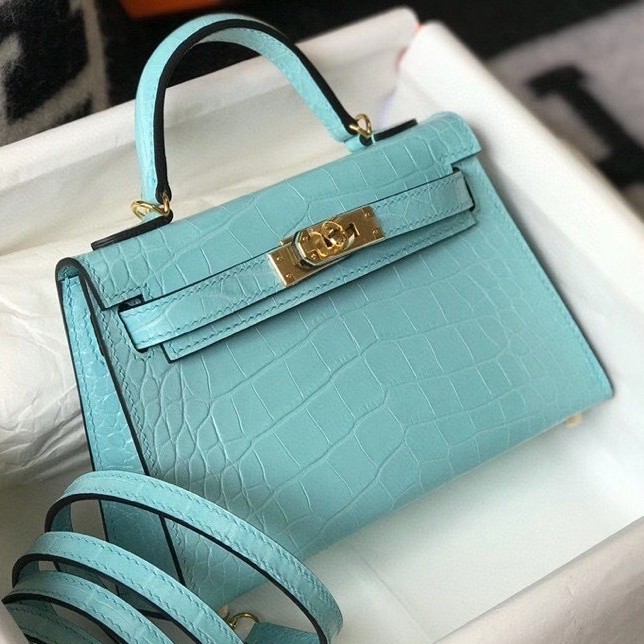 Hermes Kelly Mini II Bag In Blue Atoll Crocodile Embossed Leather