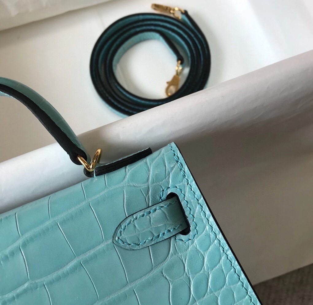 Hermes Kelly Mini II Bag In Blue Atoll Crocodile Embossed Leather