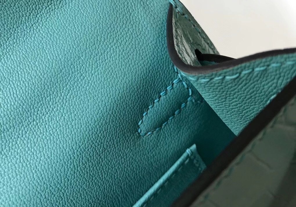 Hermes Kelly Mini II Bag In Blue Atoll Crocodile Embossed Leather