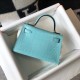 Hermes Kelly Mini II Bag In Blue Atoll Crocodile Embossed Leather