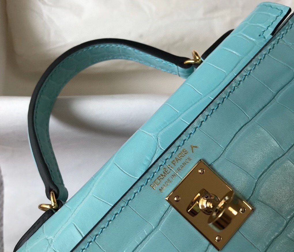 Hermes Kelly Mini II Bag In Blue Atoll Crocodile Embossed Leather