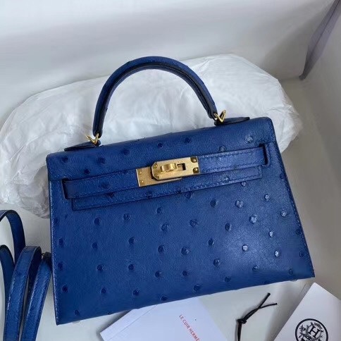 Hermes Blue Electric Ostrich Kelly Mini II Handmade Bag