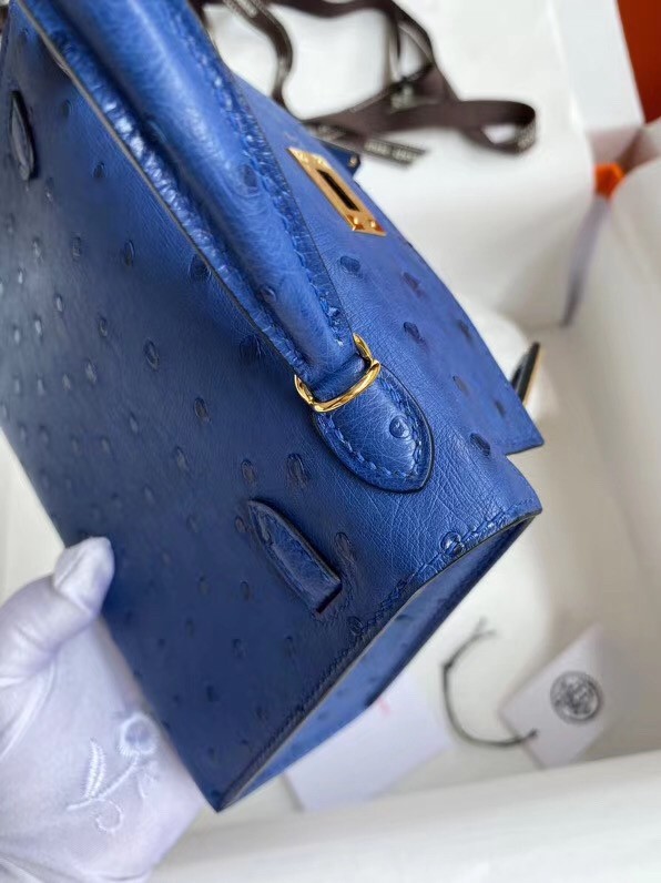 Hermes Blue Electric Ostrich Kelly Mini II Handmade Bag