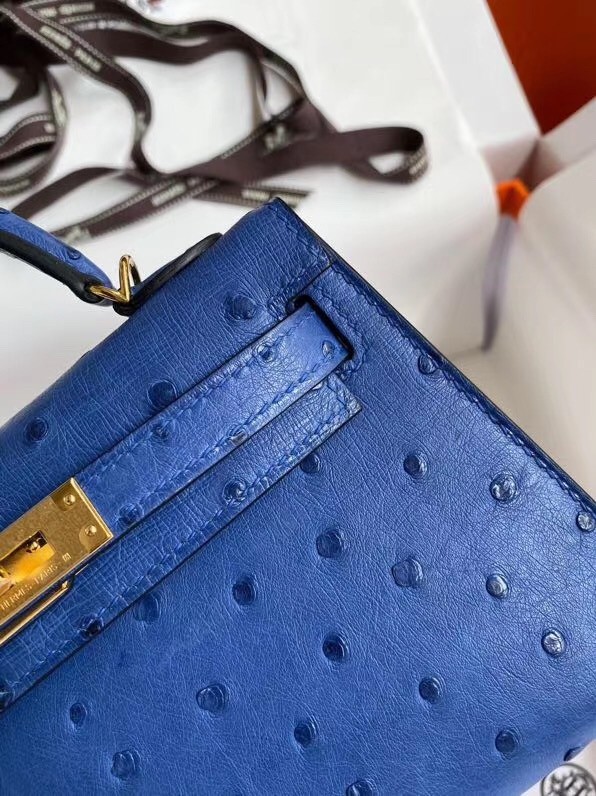 Hermes Blue Electric Ostrich Kelly Mini II Handmade Bag