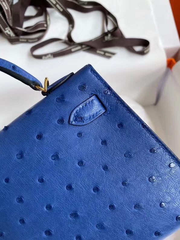 Hermes Blue Electric Ostrich Kelly Mini II Handmade Bag