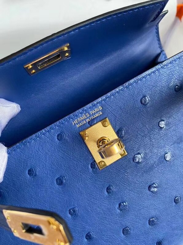 Hermes Blue Electric Ostrich Kelly Mini II Handmade Bag