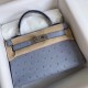 Hermes Blue Lin Ostrich Kelly Mini II Handmade Bag