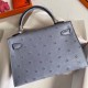 Hermes Blue Lin Ostrich Kelly Mini II Handmade Bag