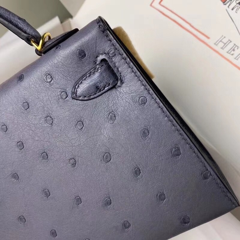 Hermes Gris Agate Ostrich Kelly Mini II Handmade Bag