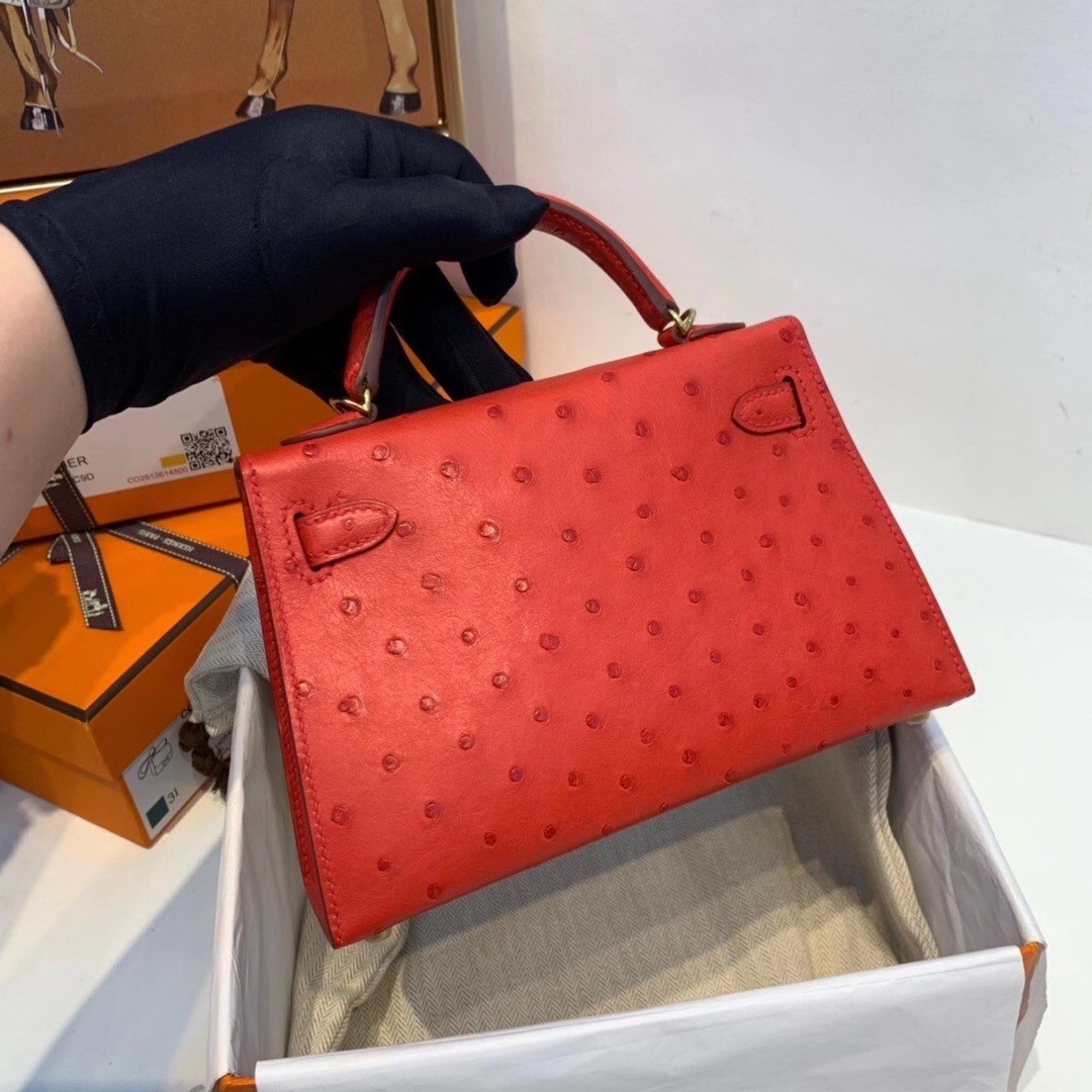 Hermes Red Ostrich Kelly Mini II Handmade Bag