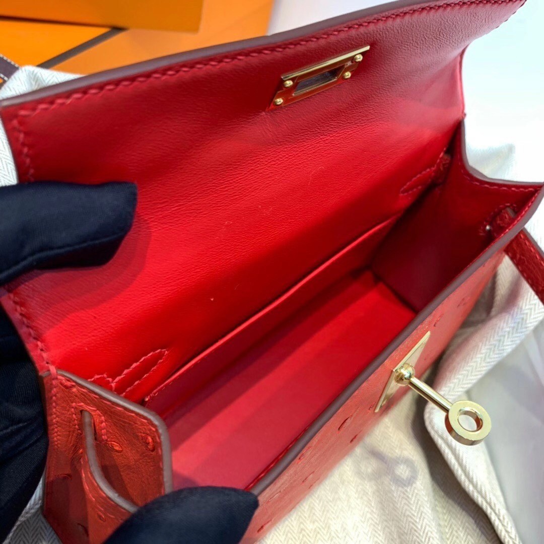 Hermes Red Ostrich Kelly Mini II Handmade Bag