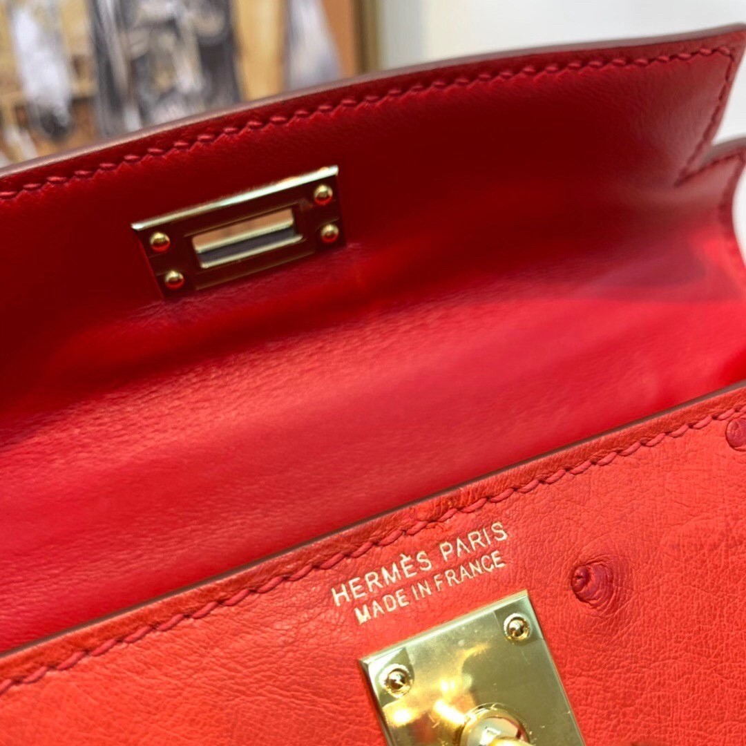 Hermes Red Ostrich Kelly Mini II Handmade Bag