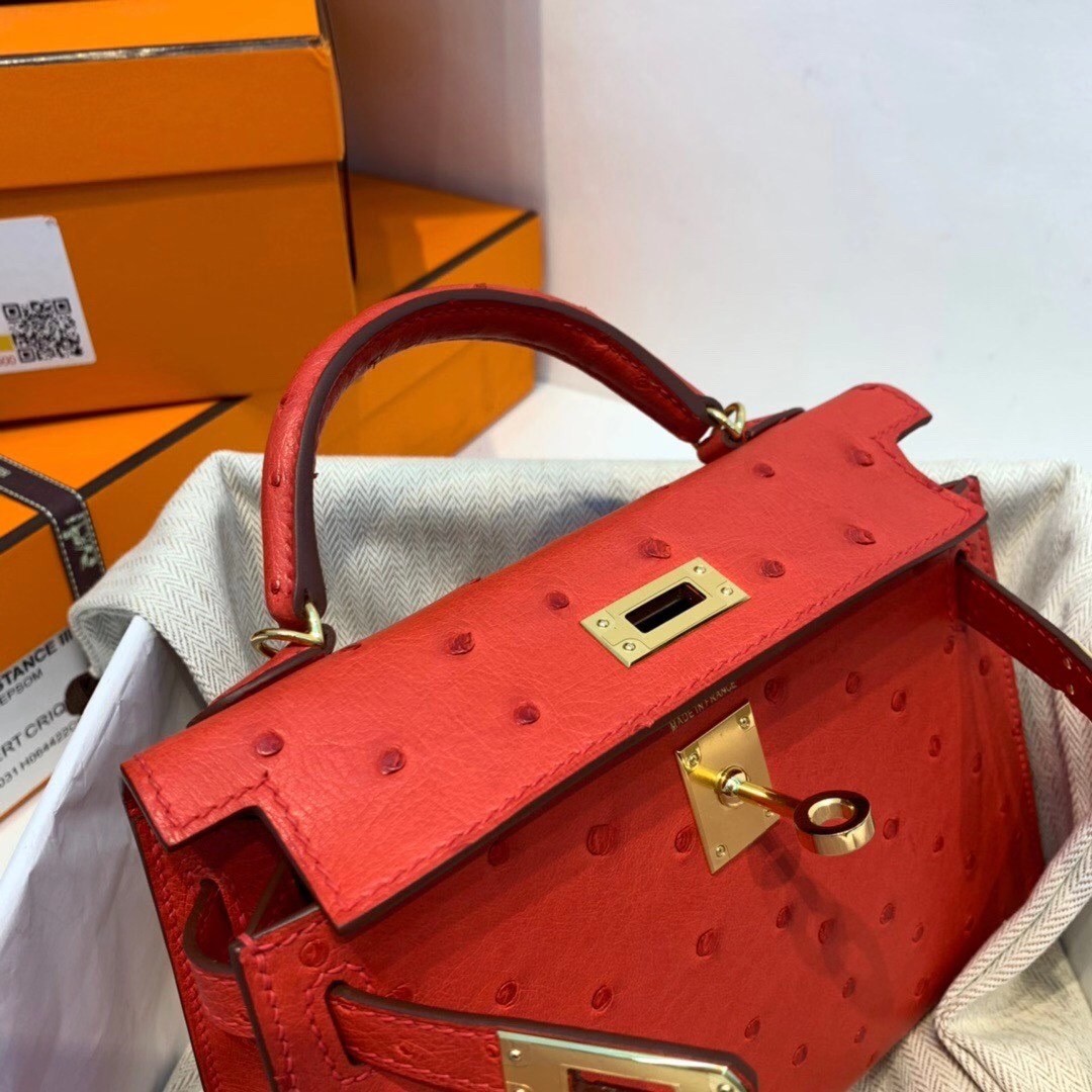 Hermes Red Ostrich Kelly Mini II Handmade Bag