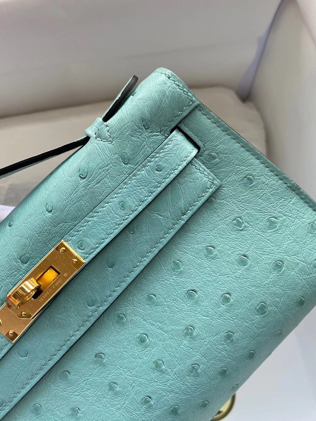 Hermes Aqua Kelly Pochette Ostrich Handmade Bag