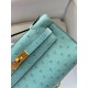 Hermes Aqua Kelly Pochette Ostrich Handmade Bag