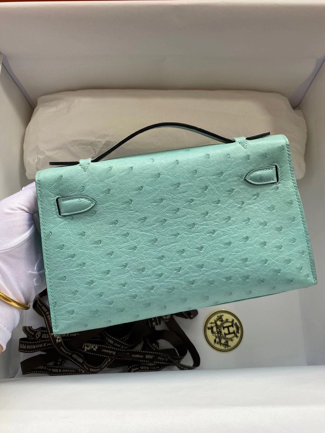 Hermes Aqua Kelly Pochette Ostrich Handmade Bag