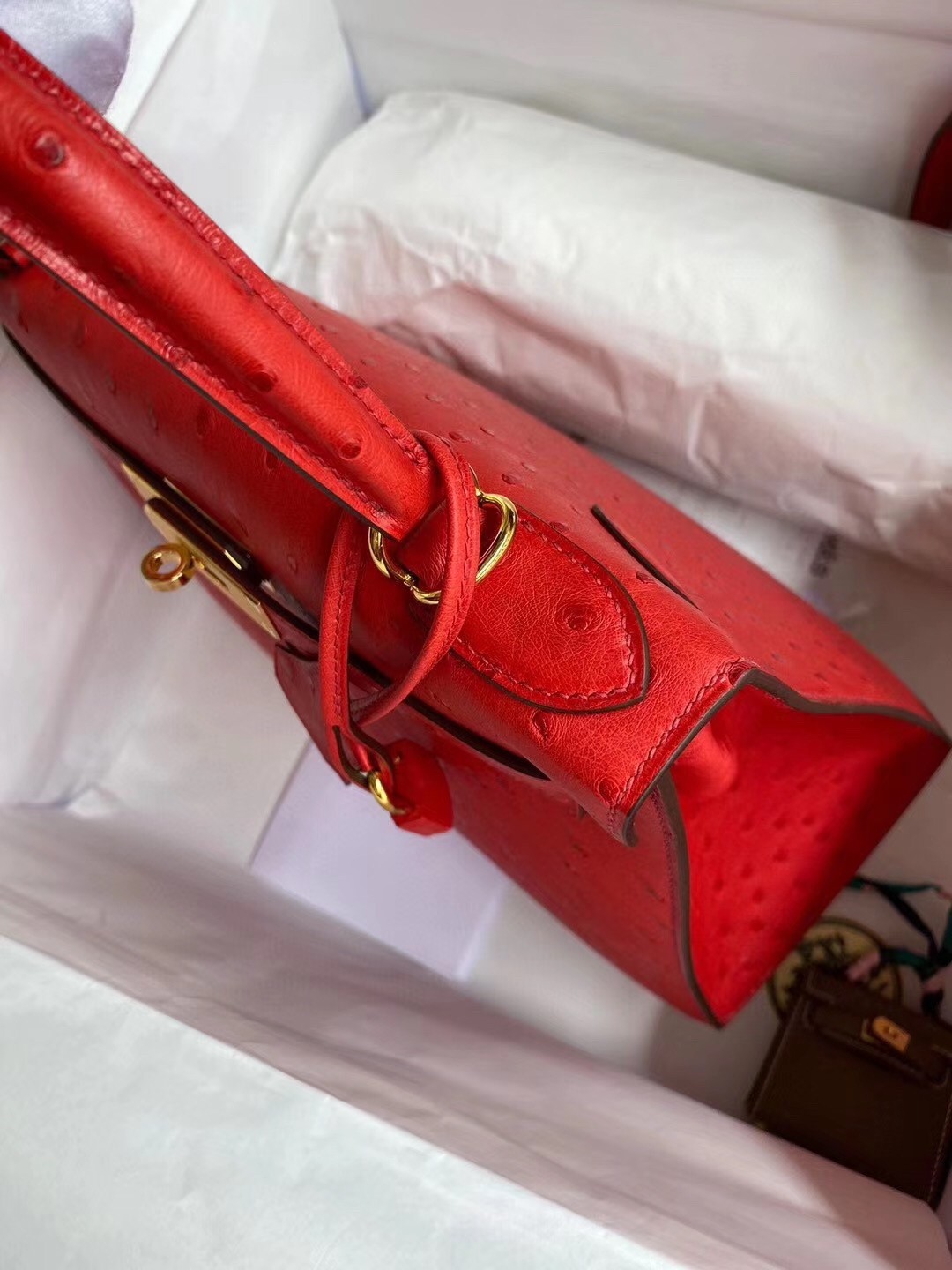 Hermes Red Ostrich Kelly 28cm Handmade Bag