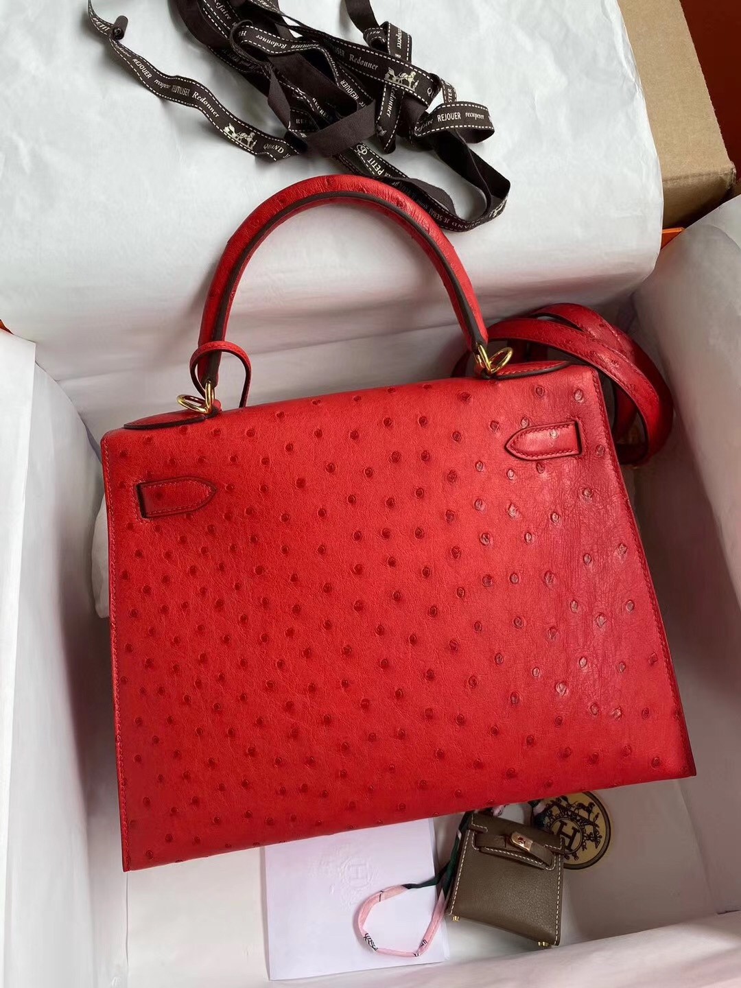 Hermes Red Ostrich Kelly 28cm Handmade Bag