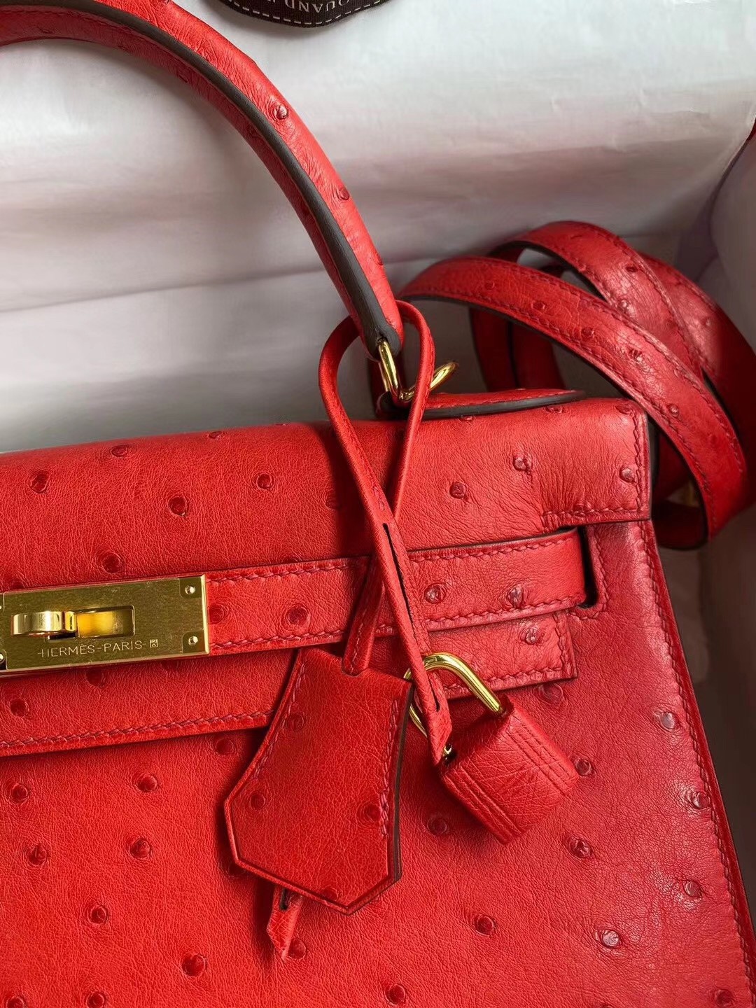 Hermes Red Ostrich Kelly 28cm Handmade Bag