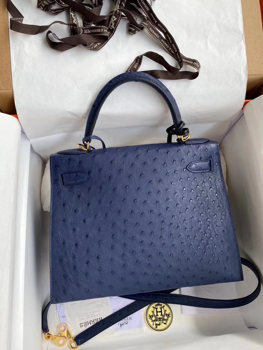 Hermes Blue Iris Ostrich Kelly 28cm Handmade Bag