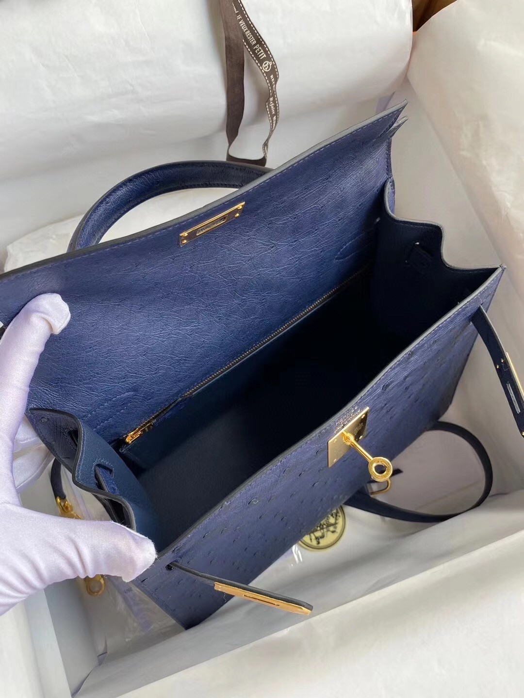 Hermes Blue Iris Ostrich Kelly 28cm Handmade Bag