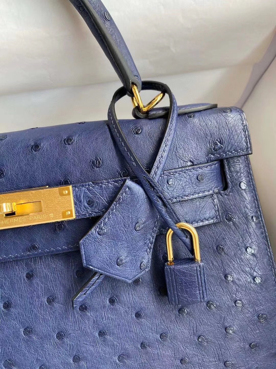 Hermes Blue Iris Ostrich Kelly 28cm Handmade Bag