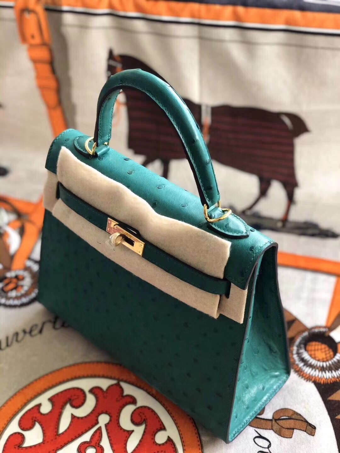 Hermes Vert Vertigo Ostrich Kelly 25cm Handmade Bag