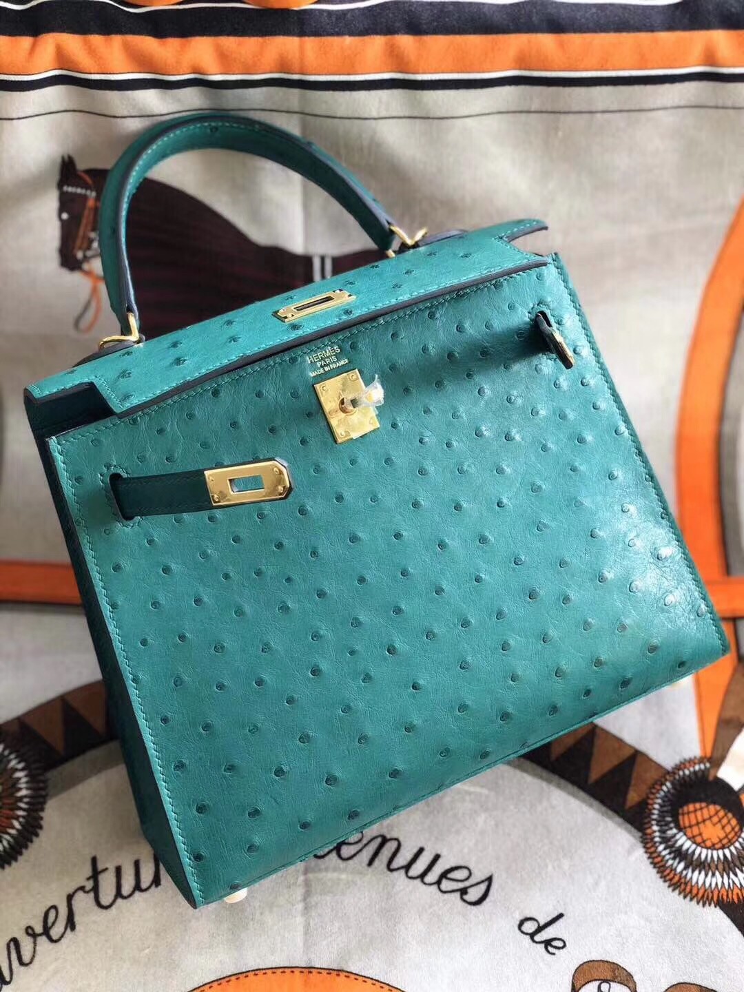 Hermes Vert Vertigo Ostrich Kelly 25cm Handmade Bag