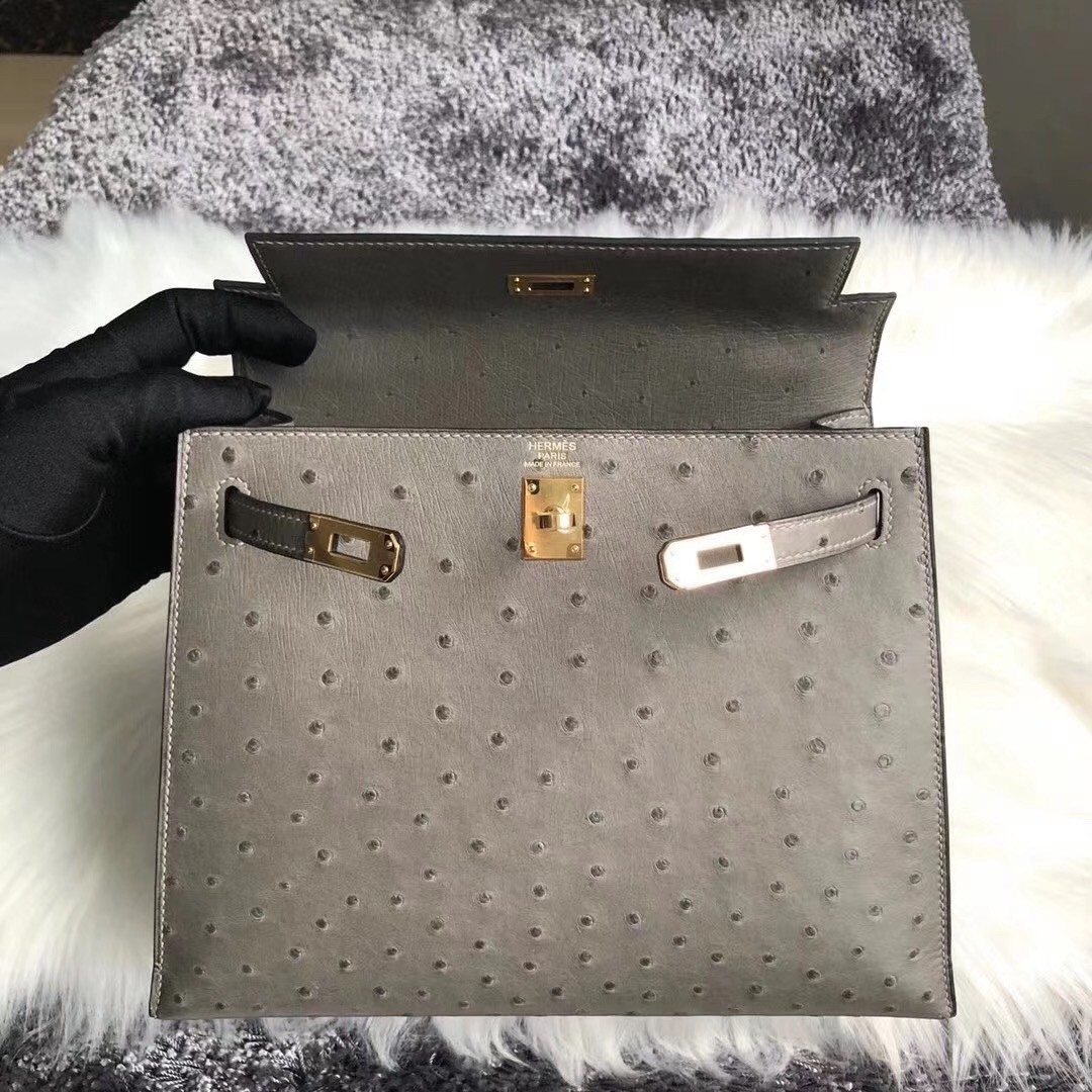 Hermes Gris Asphalt Ostrich Kelly 25cm Handmade Bag