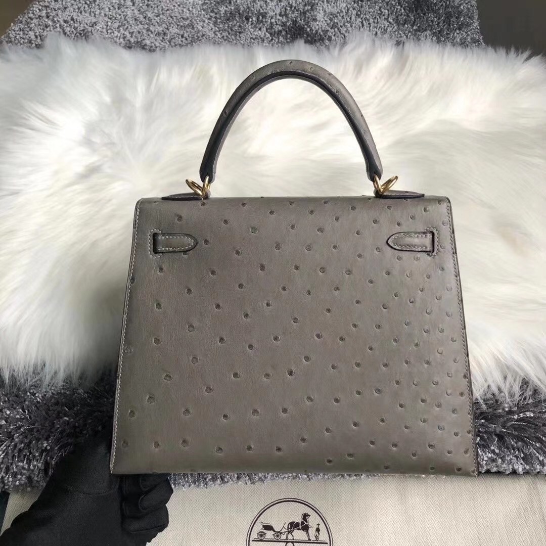 Hermes Gris Asphalt Ostrich Kelly 25cm Handmade Bag