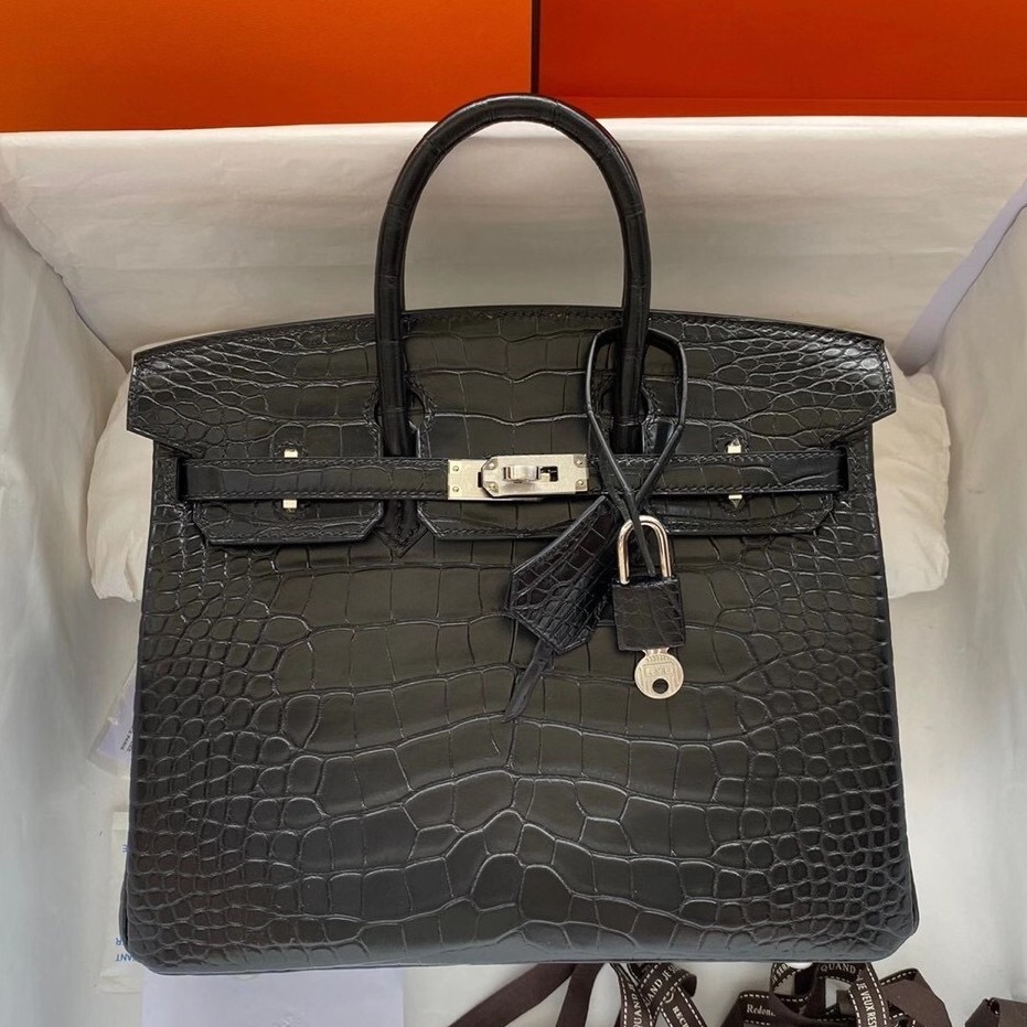 Hermes Black Birkin 25cm Matte Alligator Crocodile Skin Bag