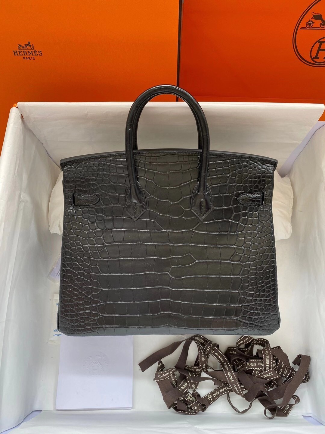 Hermes Black Birkin 25cm Matte Alligator Crocodile Skin Bag